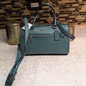 COACH- Crossgrain Satchel Hand Bag With Snakeskin Trim- DARK TURQUOISE